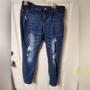 Blue Savy Maternity Sz XL Stretch Waist Denim Distressed Skinny Pre-Owned